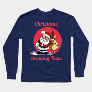 Drinking Christmas Team Cute Cartoon Santa With Deer Gift T-Shirt Long Sleeve T-Shirt